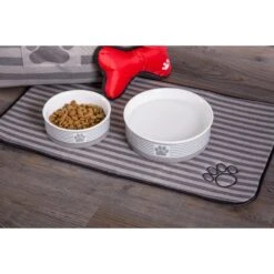Bone Dry Stripe Embroidered Paw Print Dog & Cat Food Mat -Blue Buffalos Shop 153980 PT1. AC SS1800 V1539714735