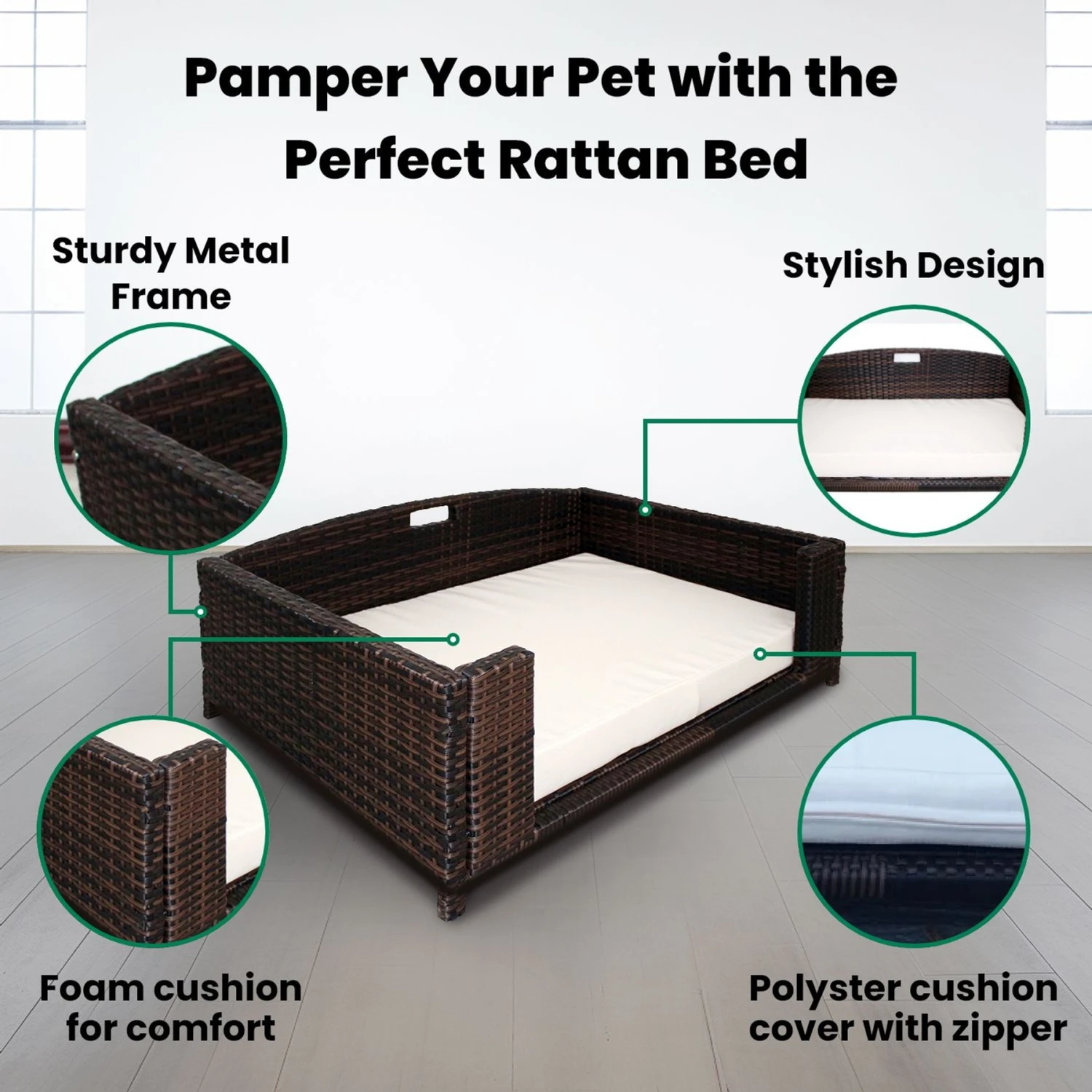 Iconic Pet Rattan Rectangular Sofa Cat & Dog Bed With Removable Cover, Espresso 7 Iconic Pet Rattan Rectangular Sofa Cat & Dog Bed With Removable Cover, Espresso - Image 5