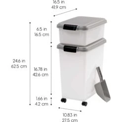 IRIS USA 3-Piece WeatherPro Airtight Stackable Dog, Cat & Bird Food Storage Container Combo With Scoop & Treat Box -Blue Buffalos Shop 231627 PT2. AC SS1800 V1586959399