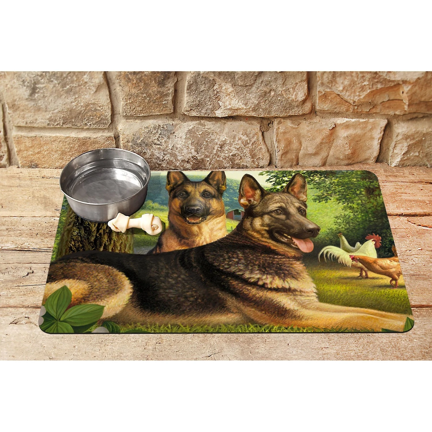 Bungalow Flooring German Shepherds & Chickens Dog Dinner Mat, 36 X 23-in 4 Bungalow Flooring German Shepherds & Chickens Dog Dinner Mat, 36 X 23-in - Image 2