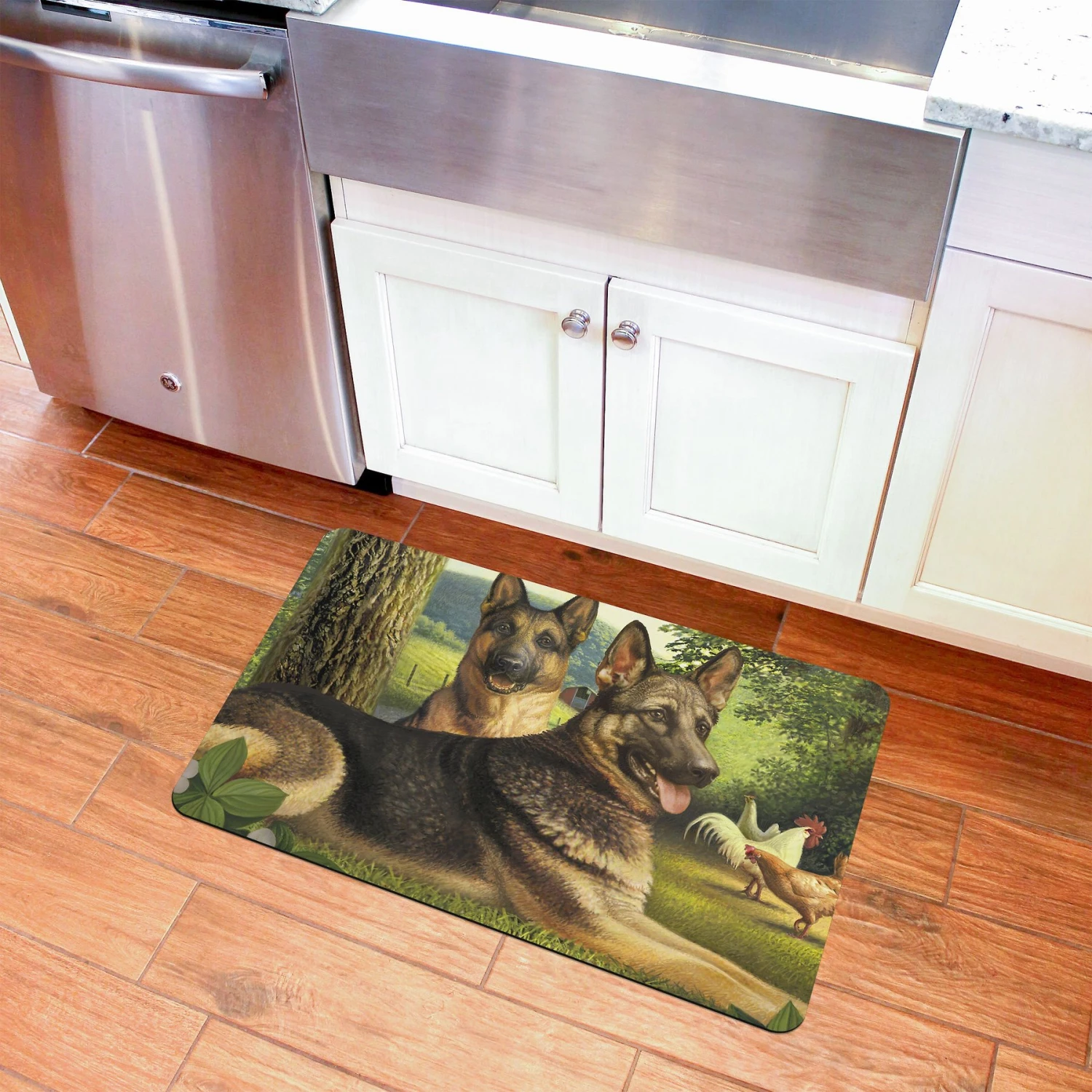 Bungalow Flooring German Shepherds & Chickens Dog Dinner Mat, 36 X 23-in 6 Bungalow Flooring German Shepherds & Chickens Dog Dinner Mat, 36 X 23-in - Image 4