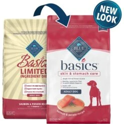 Blue Buffalo Basics Skin & Stomach Care Salmon & Potato Recipe Adult Dry Dog Food & Blue Buffalo Basics Skin & Stomach Care Biscuits Salmon & Potato Dog Treats -Blue Buffalos Shop 292682 PT1. AC SS1800 V1646349395