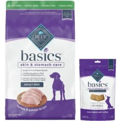 Blue Buffalo Basics Skin & Stomach Care Grain-Free Formula Turkey & Potato Recipe Adult Dry Dog Food & Blue Buffalo Basics Skin & Stomach Care Biscuits Turkey & Potato Dog Treats