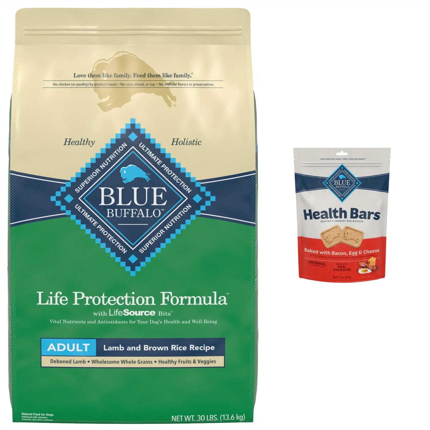 Blue Buffalo Life Protection Formula Adult Lamb & Brown Rice Recipe Dry Dog Food & Blue Buffalo Health Bars Baked With Bacon, Egg & Cheese Dog Treats 3 Blue Buffalo Life Protection Formula Adult Lamb & Brown Rice Recipe Dry Dog Food & Blue Buffalo Health Bars Baked With Bacon, Egg & Cheese Dog Treats