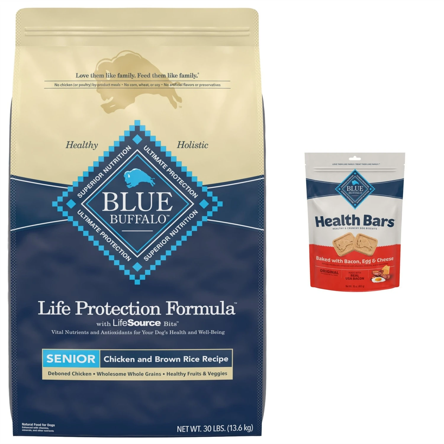 Blue Buffalo Life Protection Formula Senior Chicken & Brown Rice Recipe Dry Dog Food & Blue Buffalo Health Bars Baked With Bacon, Egg & Cheese Dog Treats 3 Blue Buffalo Life Protection Formula Senior Chicken & Brown Rice Recipe Dry Dog Food & Blue Buffalo Health Bars Baked With Bacon, Egg & Cheese Dog Treats