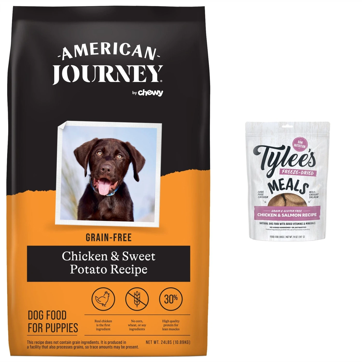American Journey Puppy Chicken & Sweet Potato Recipe Grain-Free Dry Dog Food & Tylee's Freeze-Dried Meals For Dogs, Chicken & Salmon Recipe 3 American Journey Puppy Chicken & Sweet Potato Recipe Grain-Free Dry Dog Food & Tylee's Freeze-Dried Meals For Dogs, Chicken & Salmon Recipe
