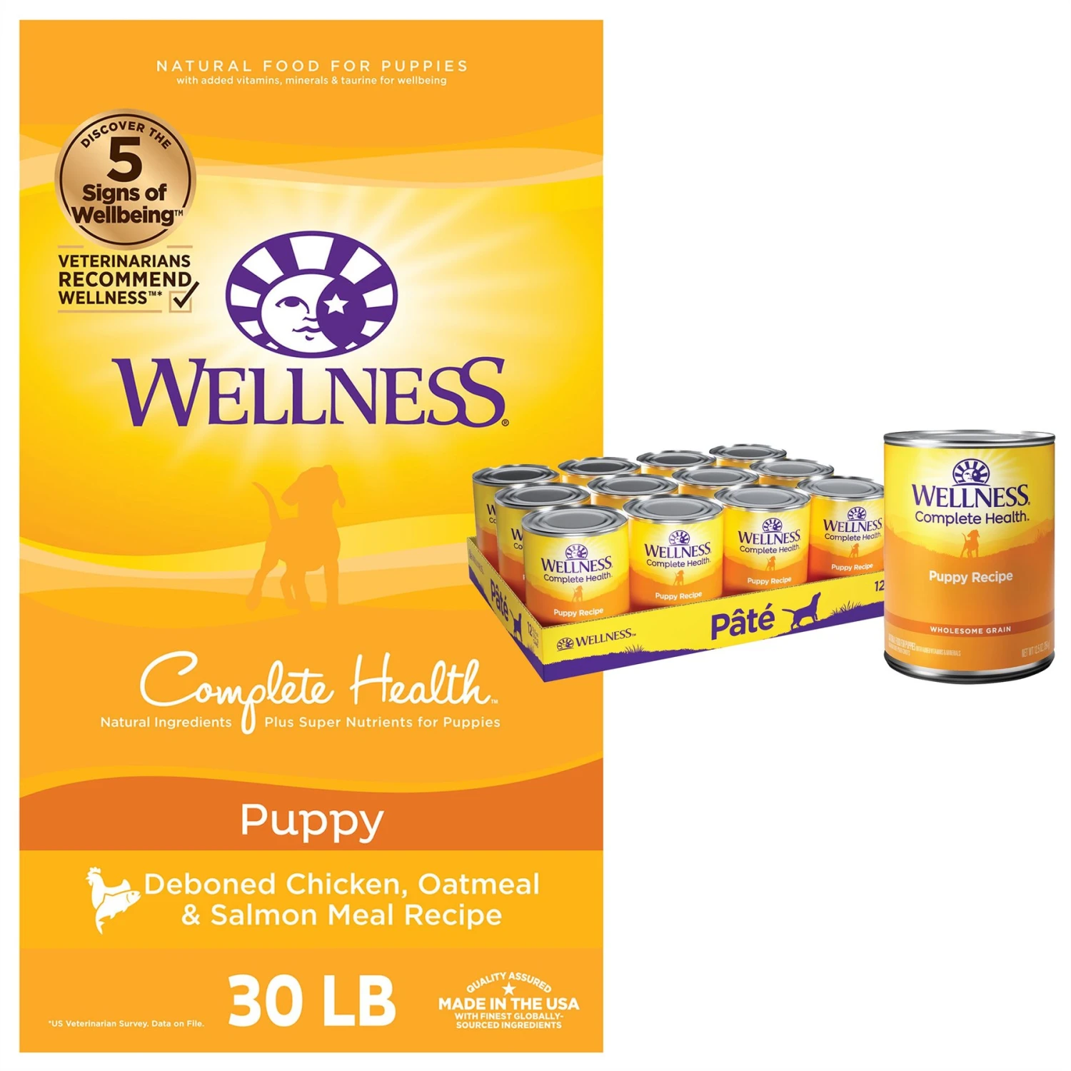 Wellness Complete Health Puppy Deboned Chicken, Oatmeal & Salmon Meal Recipe Dry Dog Food & Wellness Complete Health Just For Puppy Canned Dog Food 3 Wellness Complete Health Puppy Deboned Chicken, Oatmeal & Salmon Meal Recipe Dry Dog Food & Wellness Complete Health Just For Puppy Canned Dog Food