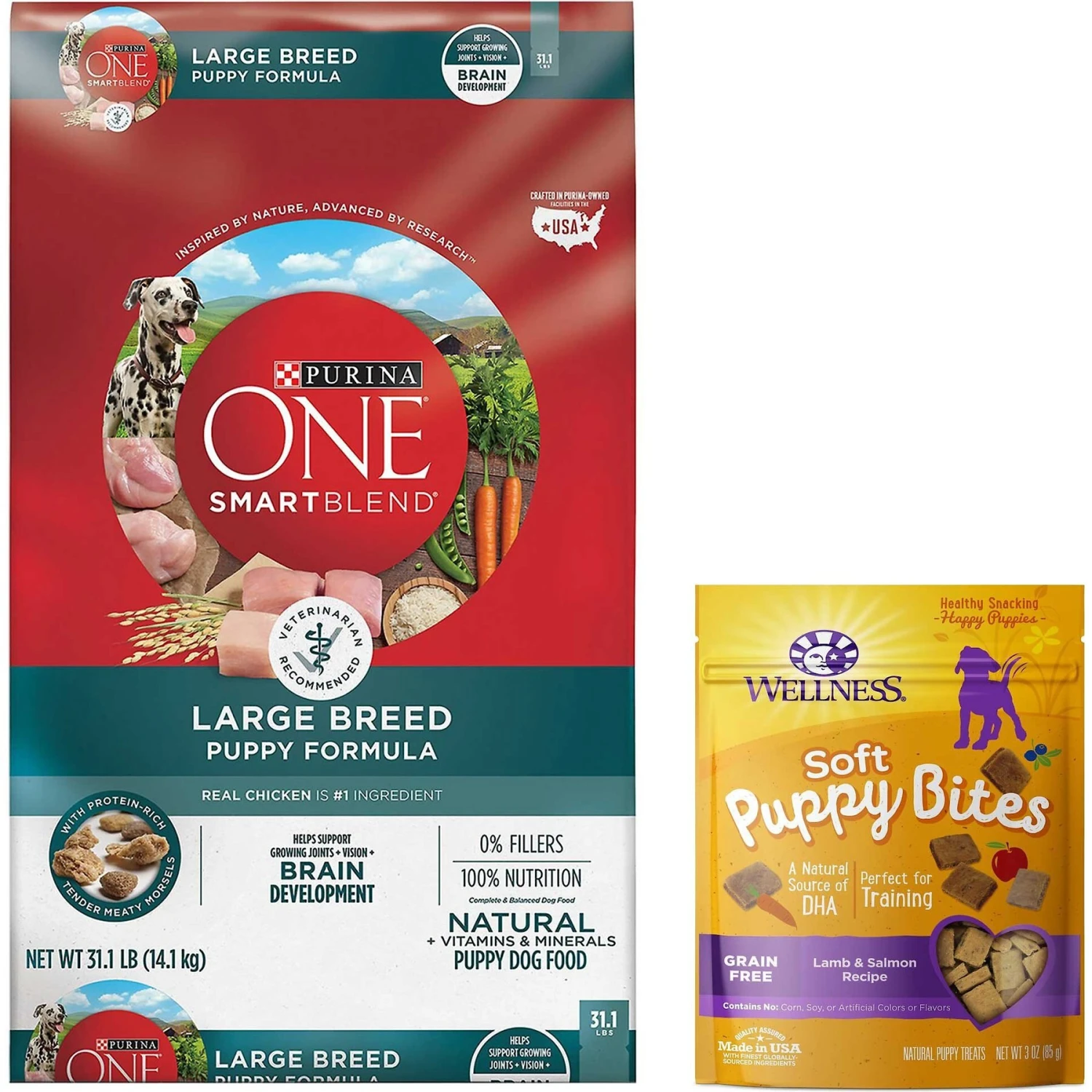 Purina ONE +Plus Natural Large Breed Formula Dry Puppy Food & Wellness Soft Puppy Bites Lamb & Salmon Recipe Grain-Free Natural Dog Treats 3 Purina ONE +Plus Natural Large Breed Formula Dry Puppy Food & Wellness Soft Puppy Bites Lamb & Salmon Recipe Grain-Free Natural Dog Treats