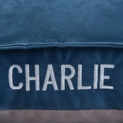 Frisco Personalized Navy Bolstered Bed With Navy Check Bolster -Blue Buffalos Shop 311766 PT4. AC SS1800 V1630593985