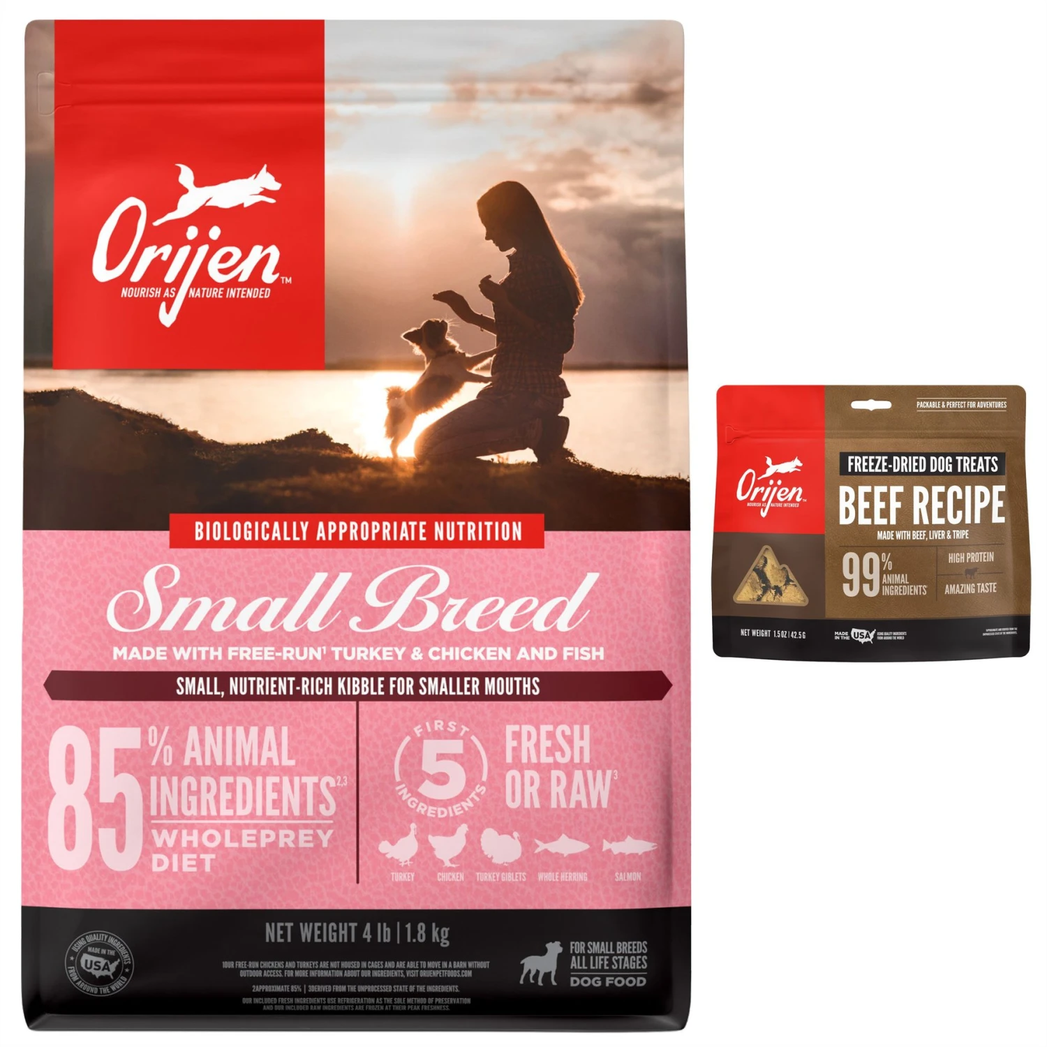 ORIJEN Small Breed Grain-Free Dry Dog Food & ORIJEN Ranch-Raised Beef Formula Grain-Free Freeze-Dried Dog Treats 3 ORIJEN Small Breed Grain-Free Dry Dog Food & ORIJEN Ranch-Raised Beef Formula Grain-Free Freeze-Dried Dog Treats