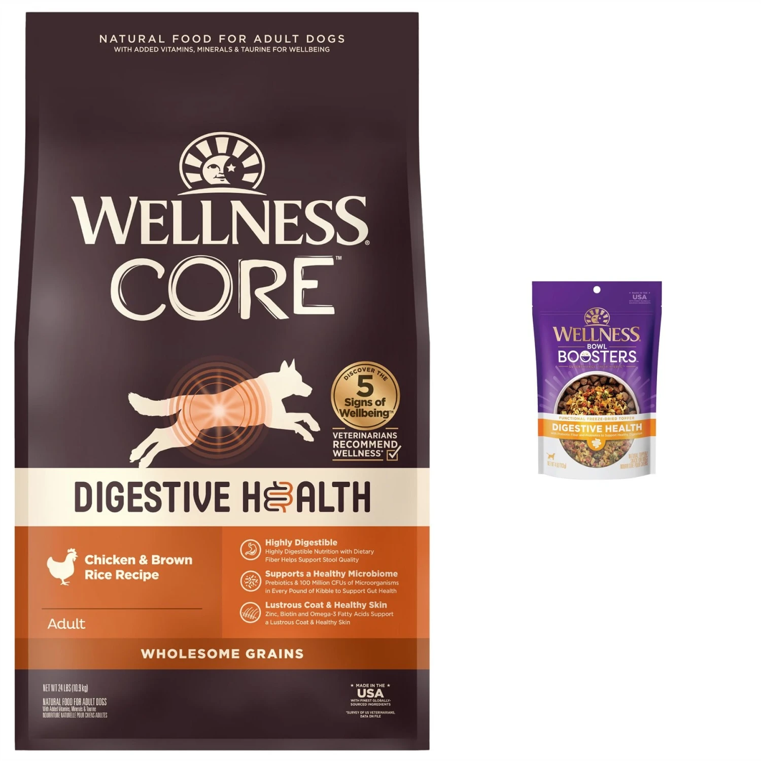 Wellness CORE Digestive Health Wholesome Grains Chicken & Brown Rice Recipe Dry Dog Food & Wellness CORE Bowl Boosters Digestive Health Dry Dog Food Topper, 4-oz Bag 3 Wellness CORE Digestive Health Wholesome Grains Chicken & Brown Rice Recipe Dry Dog Food & Wellness CORE Bowl Boosters Digestive Health Dry Dog Food Topper, 4-oz Bag