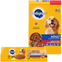 Pedigree Complete Nutrition Grilled Steak & Vegetable Flavor Dog Kibble Adult Dry Dog Food & Pedigree Chopped Ground Dinner Liver & Beef, Beef, Bacon & Cheese Flavor With Chicken Adult Canned Wet Dog Food Combo Variety Pack