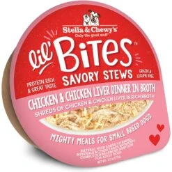 Stella & Chewy's Lil Bites Savory Stews Grain-Free Chicken & Chicken Liver In Broth Flavored Shredded Small Breed Wet Dog Food, 2.7-oz Cup, Case Of 12