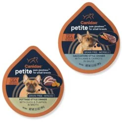 CANIDAE PURE Petite All Stages Small Breed Pottage Style Dinner With Duck & Pumpkin Breed Wet Dog Food Trays, 3.5-oz, Case Of 12 & CANIDAE PURE Petite All Stages Small Breed Cacciatore Style Dinner With Lamb & Carrots Wet Dog Food Trays, 3.5-oz, Case Of 12