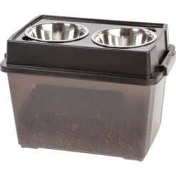 IRIS USA WeatherPro Airtight Elevated Pet Feeder With Food Storage Container & Bowls In Lid, Smoke/Black, 8-cup