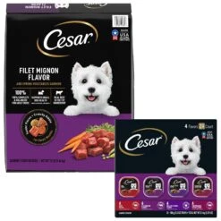 Cesar Classic Loaf In Sauce Beef Recipe, Filet Mignon, Grilled Chicken & Porterhouse Steak Flavors Variety Pack Grain-Free Small Breed Adult Wet Dog Food Trays & Cesar Filet Mignon Flavor & Spring Vegetables Garnish Small Breed Dry Dog Food