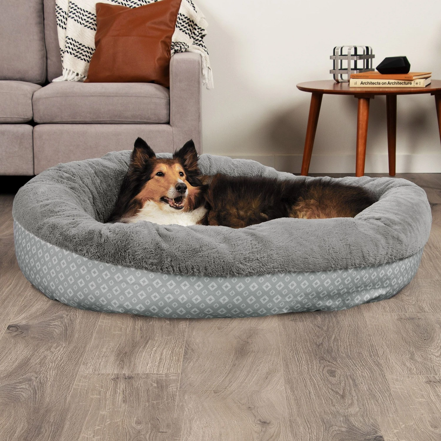 FurHaven Plush & Diamond Print Calming Donut Dog Bed 3 FurHaven Plush & Diamond Print Calming Donut Dog Bed