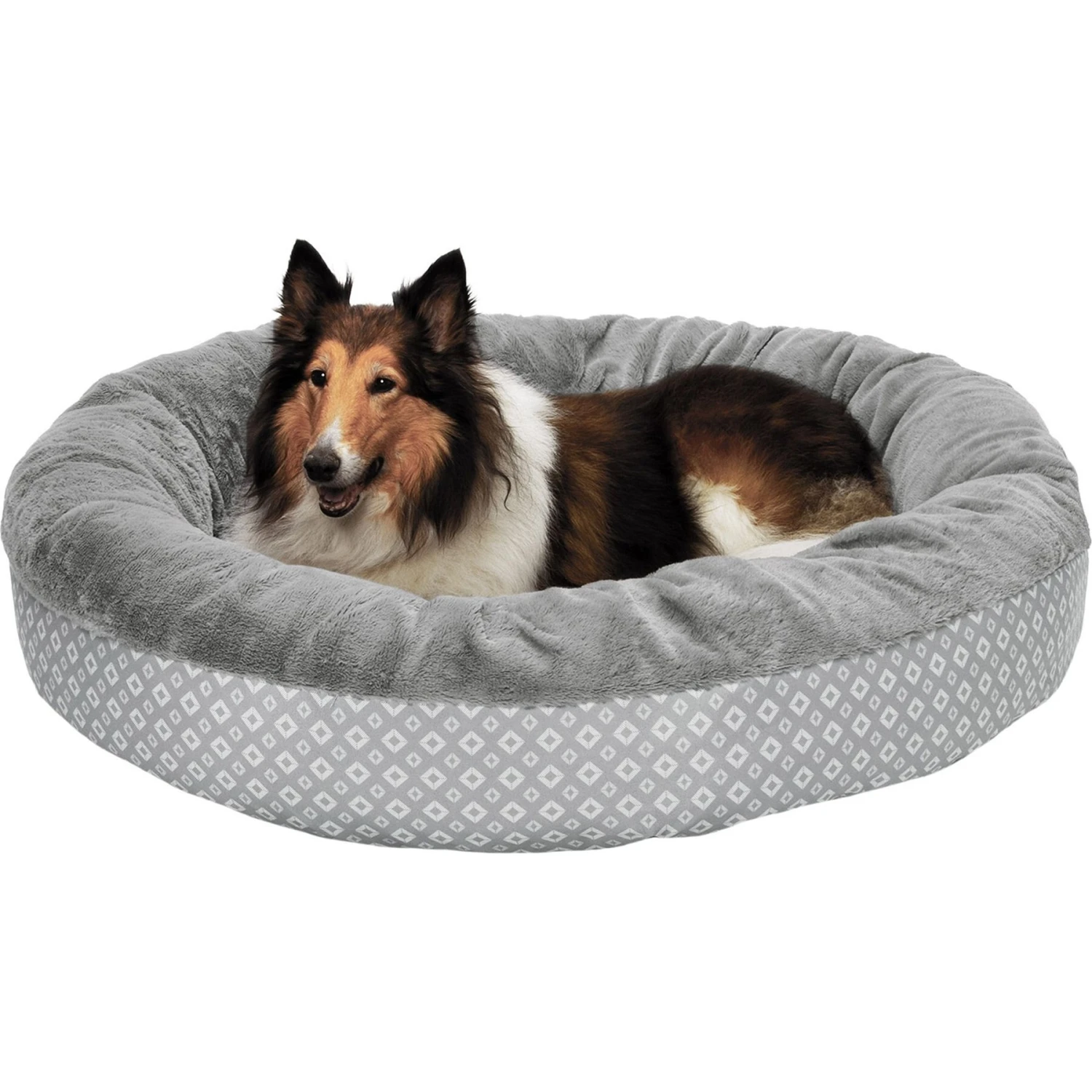 FurHaven Plush & Diamond Print Calming Donut Dog Bed 5 FurHaven Plush & Diamond Print Calming Donut Dog Bed - Image 3