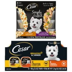 Cesar Classic Loaf In Sauce Breakfast & Dinner Mealtime Variety Pack Grain-Free Small Breed Adult Wet Dog Food Trays & Cesar Simply Crafted Chicken, Duck, Purple Potatoes, Pumpkin, Green Beans & Brown Rice & Chicken, Carrots, Barley & Spinach Variety Pack Adult Wet Dog Food Meal Topper