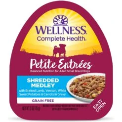 Wellness Petite Entrees Shredded Medley Lamb & Venison Small Breed Natural Wet Dog Food, 3-oz Cup, 12 Count